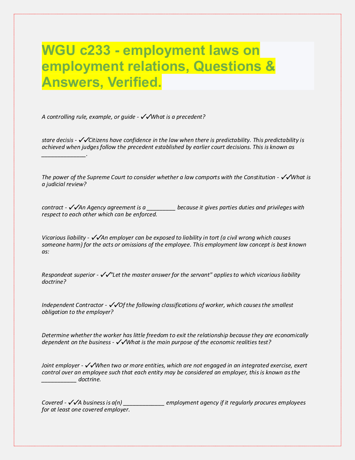 Preview image for WGU c233 - employment laws on  employment relations, Questions &  Answers, Verified.